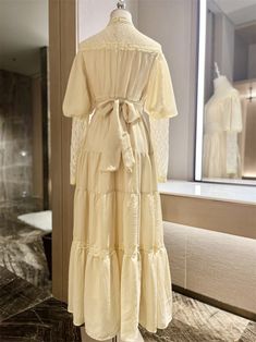 Material:Linen Sleeve Type: Long Sleeve Pic Color: Cream There is a belt around waist, the waist of the dress can be adjustable. Size: Victorian Lace Dress, Maxi Dress With Long Sleeves, Modest Neckline, Max Dress, Yellow Tea, Beautiful Silhouette, Lace Prom Dress, White Long Sleeve Dress, Prom Dresses Modest