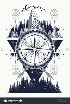 a compass with mountains and trees on it in the background is an image of a forest