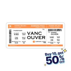 an orange and white ticket with the words vanc over on it