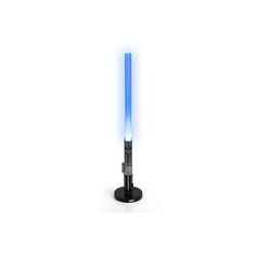 a blue light saber standing on top of a black stand