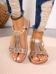 Gold  Collar     Embellished   Women Shoes Women Flat Sandals, Braided Sandals, Gold Collar, Womens Sandals Flat, Fashion Flats, Flat Sandals, Elastic Band, Women's Style, Summer Women