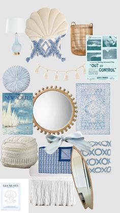 a collage of blue and white items including a mirror, lamp, wall hangings