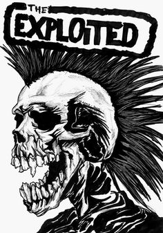 a black and white drawing of a skeleton with spiked hair