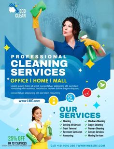 a cleaning service flyer with a woman in yellow gloves