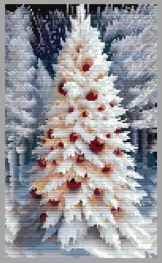 a cross stitch christmas tree in the snow