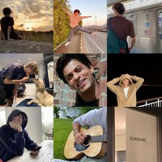 a collage of photos with people playing guitar and singing on the side of the road