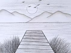 a pencil drawing of a dock with birds flying over the water and mountains in the background