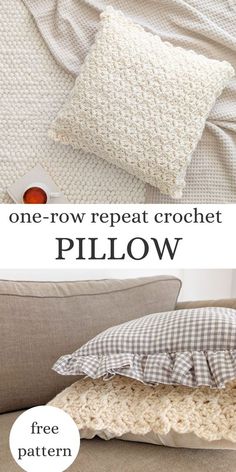 a crocheted pillow with the text, one row repeat crochet pillow