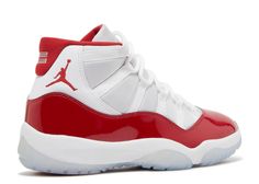 These retro 11’s high are white and varsity red in color. This high top styled Jordan 11’s base is white tumbled leather and white lace loops. The mudguards of the shoe are varsity red patent leather surrounding the shoe along with varsity red detailing. There are white midsoles with a translucent icy blue outsole. Red And White Jordans, Styling Jordans, Jordan 11s, Jordan Retro 11, White Jordans, Jordan Shoes Retro, Retro 11, Shoes Retro, Matching Jordans