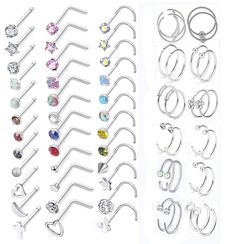 PRICES MAY VARY. Assorted value pack, You will receive 60 pcs nose studs, nose rings and nose hooks. Nose rings and hooks include 6 different styles, each style come with one pair. Nose studs include 3 sharps, screw sharp, L sharp and bone sharp, the inlay include colored CZ and Gam and Metal. Best piercing set choices for you, suitable for your daily wear and also enough be shared with your friends Suitable size: All nose hoops in 20G gauge (0.8mm), and the inner diameter is 8mm. All nose studs Nostril Piercing Jewelry, High Nostril Piercing, Nose Types, Studs For Men, Fancy Ball, Nostril Piercing, Nose Screw, Nose Piercing Jewelry, Nose Shapes