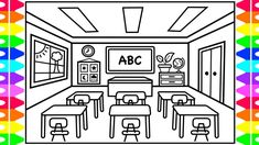 a drawing of a classroom with desks and chairs in front of a rainbow background