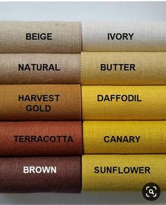 the names of different types of fabrics on a white surface, including brown, ivory, and yellow