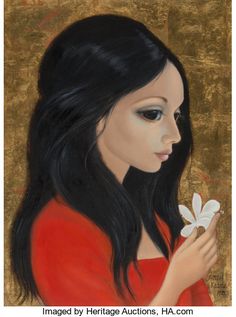 a painting of a woman with long black hair holding a white flower in her hand