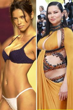 two pictures of women in bikinis and one is wearing an orange sarong, the other has a yellow shawl