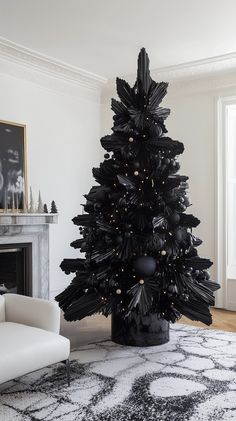 a black christmas tree in a living room