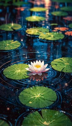 a white flower floating on top of water surrounded by green lily pads and stars in the sky