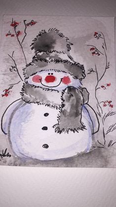 a drawing of a snowman wearing a hat and scarf with flowers on the side