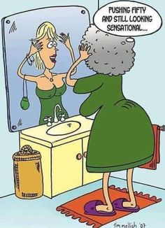 a woman is looking at her reflection in the mirror while brushing her teeth with an old lady