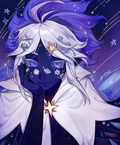 an anime character with blue hair and stars on her face, wearing a white coat