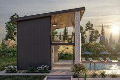 an artist's rendering of a house on the edge of a pool with lounge chairs around it