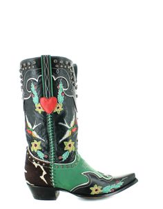 DOUBLE D RANCH BY OLD GRINGO - WOMEN'S This boot gives us all the retro vibes! Let this Midnight Cowboy whisk you away. This boot has a stunning blend of retro colors, intricate embroidery, inlay and overlay leather details, contrast whip stitch, gun powder studs, and a sassy pony hair heel counter. Shaft Height : 13 inch Shaft Circumference : 15 inch Width : Standard B Heel Height : 1.625 inch Measured in size 7.5. Measurements may have a slight variation based on size. More Information Details Western Hand Tooled Boots For Festivals, Hand Tooled Western Boots For Festival, Fitted Multicolor Western Boots, Fall Festival Leather Boots, Leather Boots For Fall Festival, Bohemian Snip Toe Boots For Rodeo, Western Leather Boots With Rivets, Multicolor Western Boots With Snip Toe, Bohemian Boots With Snip Toe For Ranch