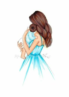 a drawing of a woman in a blue dress holding a baby and looking at the sky