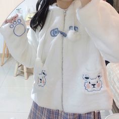 Please take the size info as a reference. The measurement error between 1-4cm is in the normal range.Fabric Material: Cotton Blend. PlushColor: Beige Size One Size Bust 105cm/41.37" Length 60cm/23.64â€?/td> Shoulder 43cm/16.94" Sleeve 57cm/22.46" White Kawaii Outerwear For Winter, White Harajuku Outerwear For School, White Harajuku Style School Outerwear, Harajuku Style White Outerwear For School, Get My Life Together, Bear Ears, Youth Culture, Cute Bear, Hooded Coat