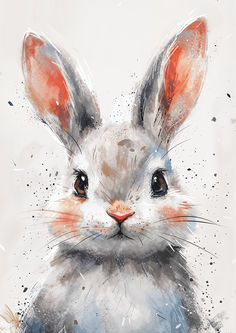 a watercolor painting of a white rabbit with orange ears and brown spots on it's face