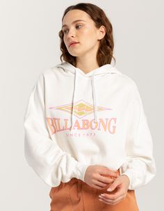 Billabong All Time Crop Hoodie. Cropped And Cozy, The All Time Hoodie From Billabong's Trip Around The Sun Collection Is Crafted Of Blended Cotton Fabric For A Super-Soft Feel. This Sweatshirt Has A Boxy Fit With Assorted Graphics On The Chest And Ribbing At The Cuffs And Bottom Hem. Hooded Neck. 80% Cotton, 20% Polyester. Machine Wash. Imported. Model Is Wearing A Size Small. Model Measurements:height: 5'7" Bust: 29"waist: 22"hips: 34.5" Billabong Sweatshirt, Billabong Sweater, Billabong Women, White Caps, Streetwear Women, Streetwear Outfit, Oversize Hoodie, White Hoodie, Cropped Hoodie