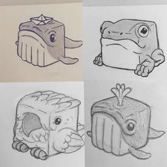 four different drawings of animals with faces