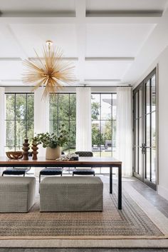 an elegant dining room with large windows and modern furniture