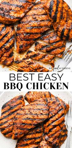 grilled chicken on a white plate with fork and knife next to it, the text reads best easy bbq chicken