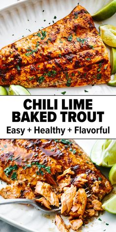 Chili lime baked trout Baked Fish Dinner, Baked Trout, Trout Recipe, Fish Dinner Recipes, Lime Recipes, Fish Recipes Healthy