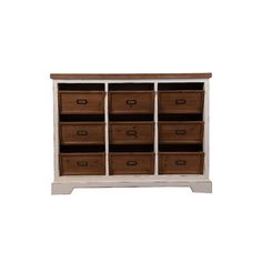 a white and brown dresser with drawers