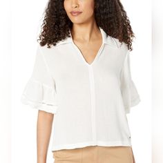 Tommy Hilfiger Women's Long Sleeve Collared Shirt, Bright White Size Medium Tommy Hilfiger Womens Ruffled Sleeve Popover Sky Captain/Navy Blue - Large. Sizes Available M-White L- Navy Blue. Elegant Collared Vacation Tops, Elegant Collared Tops For Vacation, White Collared Beach Top, White Collared Vacation Tops, Elegant White Tommy Hilfiger Tops, Collared Beach Tops For Spring, Spring Beach Collared Tops, Tommy Hilfiger Long Sleeve Blouse For Spring, Tommy Hilfiger Long Sleeve Tops For Spring