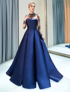 #bridelily #shopping #online #prom #dress #luxury #dark #navy #satin #aline #long #sleeve #lace #illusion #high #collar #quinceañera #dress Court Train Prom Dress, Train Prom Dresses, High Neck Evening Dress, Royal Blue Evening Dress, Crystal Prom Dress, Baju Kahwin, Glamorous Evening Dresses, Satin Evening Gown, Blue Ball Gowns