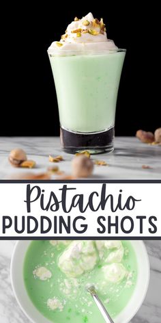 pistachio pudding shots with whipped cream and pistachio toppings