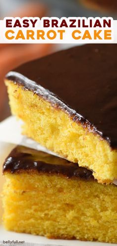 two pieces of cake sitting on top of a white plate with chocolate icing and the words easy brazilian carrot cake