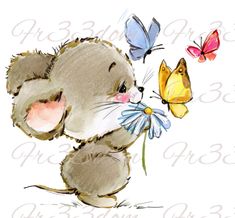 a watercolor painting of a mouse holding a flower and butterflies in it's mouth