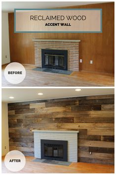 before and after pictures of a fireplace with reclaimed wood accenting the wall in this living room