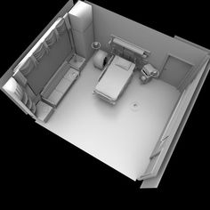 an overhead view of a bedroom with a bed and desk in the corner, on a black background