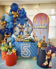 a sonic birthday party with balloons and decorations