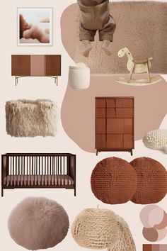 a baby's nursery room is shown with neutrals and pinks on the walls