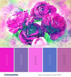 some pink roses are in the middle of a color palette with watercolor paints on it