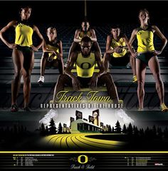 a group of women in yellow shirts posing for a photo with the words track team