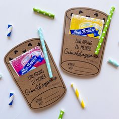 two tags with toothbrushes on them next to confetti and straws