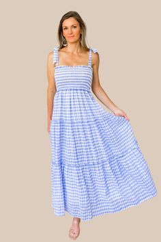 Our See You Again Blue Gingham Midi Dress features a smocked bust, tiered skirt, and self tie shoulder straps. Model is wearing a size Small. Gingham Midi Dress, Blue Gingham Dress, See You Again, Blue Gingham, Gingham Dress, Tier Skirt, Sun Dress, Beautiful Clothes, Tiered Skirt