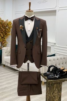 Brown Suits Men 3 Piece Slim Fit One Button Wedding Groom Party Wear Coat Pant, Peak Lapel, Brown Tux, Brown Slim Fit Peak Lapel Tuxedo Suits Men 3 Piece, Brown Tux, Tuxedo Colors, Groom Party, Blue Suit Men, Slim Fit Suit Men, Slim Fit Tuxedo, Suits Men, Dress Suits For Men