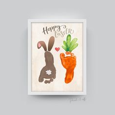 an image of a happy easter card with rabbits and carrots in the shape of hands