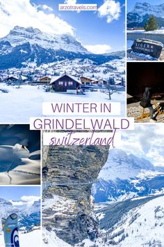 a collage of photos with the words winter in grindelwald, switzerland